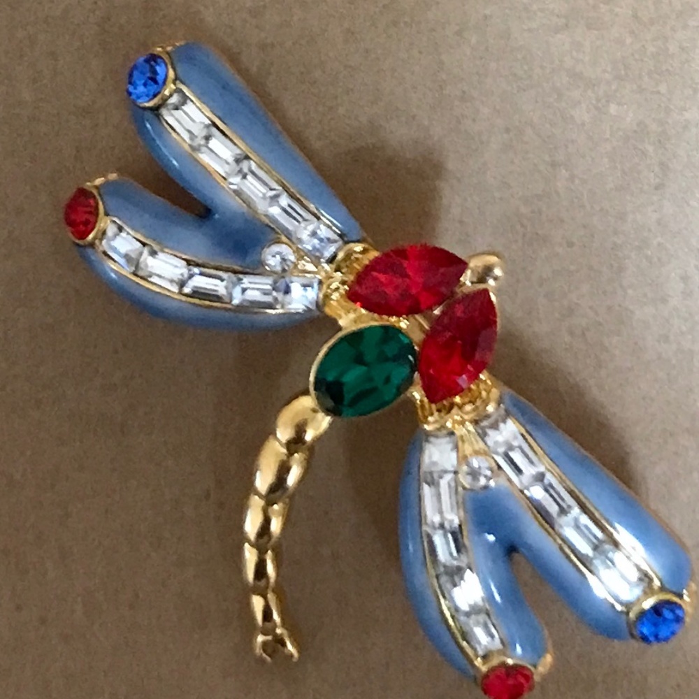QVC Red & Blue Gemstone Dragonfly Brooch
